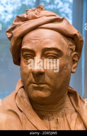 Busto di terracotta di George Frederic Handel, il compositore, di Louis François Roubiliac, in mostra al museo di Foundling, 40 Brunswick Square, Bloomsbury, Londra WC1N 1AZ, che racconta la storia del Foundling Hospital. UK (122) Foto Stock