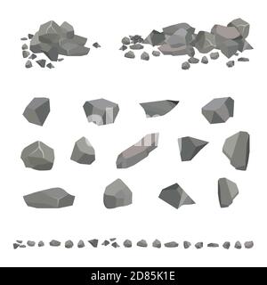 Set di granito grigio pietre di diverse forme. Elemento della natura, montagne, rocce grotte. Minerali, boulder e ciottoli. Illustrazione Vettoriale su bianco Illustrazione Vettoriale