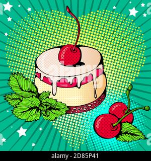 Sfondo vettoriale di colore brillante in stile Pop Art. Illustrazione con dessert alla ciliegia. Stile comico retrò Illustrazione Vettoriale