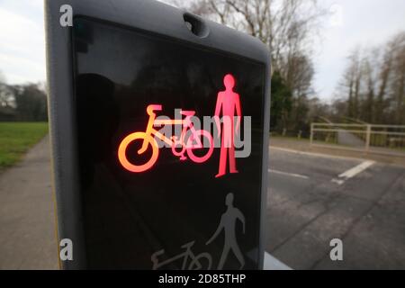 Scozia, Ayrshire, Alloway, attraversamento pedonale, traversata Pelican che mostra uomo e bicicletta Foto Stock