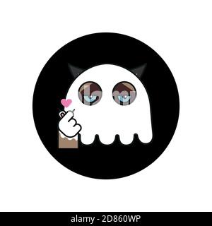 Gatto grumpy in costume fantasma adesivo. Halloween Illustrazione Vettoriale