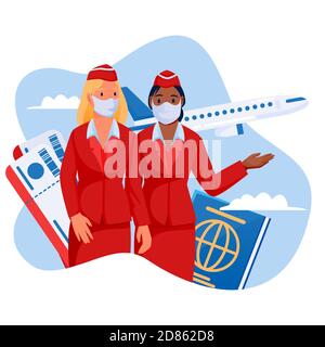 Due stewardesses in maschere di protezione medica su sfondo blu cielo con aereo volante. Viaggi aerei nuove regole, concetto di volo sano e sicuro. VECTO Illustrazione Vettoriale