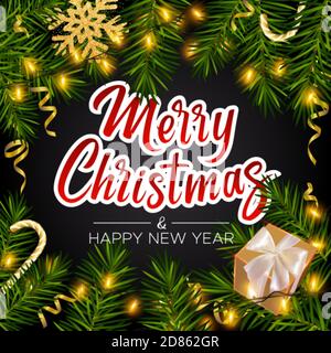 Natale sfondo scuro con scritta Merry Natale, rami di pino realistico, scatola da regalo, glitter oro fiocchi di neve, caramella, serpentina Illustrazione Vettoriale