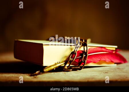 una penna concatenata ad un libro che simboleggia la cultura crisi Foto Stock