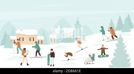 Illustrazione vettoriale dell'attività sportiva invernale. Cartoon sci attivo e snowboard riders persone hanno divertimento, uomo donna bambini personaggi snowboard, slitta e sci in Natale neve paesaggio sfondo Illustrazione Vettoriale