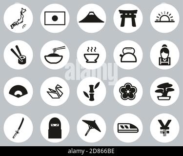 Giappone Paese & Cultura icone Nero e Bianco Flat Design Cerchio Set Grande Illustrazione Vettoriale
