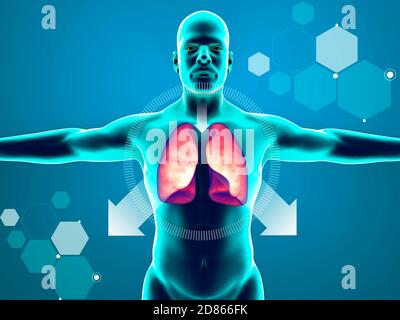 Anatomia del corpo umano, polmoni e tosse. Medicinale per disciogliere il flemma. Effetto del muco che si accumula nel tratto respiratorio. rendering 3d Foto Stock