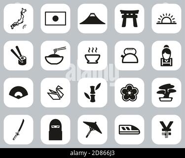 Giappone Paese & Cultura icone Nero e Bianco Flat Design Imposta grande Illustrazione Vettoriale