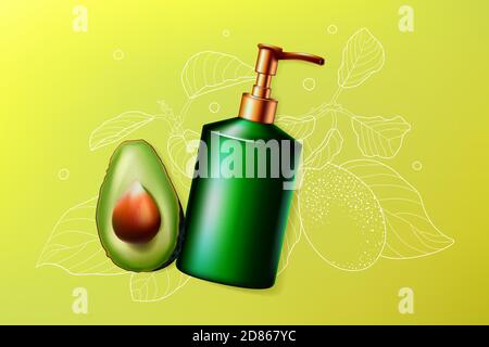 Avocado cosmetica skincare illustrazione vettoriale. Prodotto per la cura della bellezza della pelle del viso o del corpo in bottiglia con dispenser e frutta di avocado tagliata a metà, eco anti rughe naturale cosmetologia di base Illustrazione Vettoriale