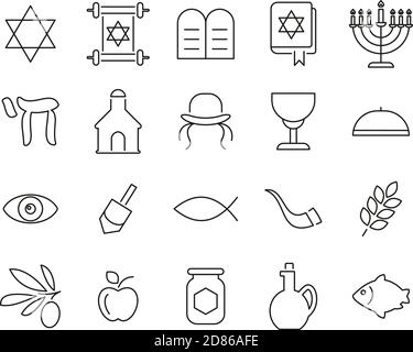 Giudaismo religione & elementi religiosi icone nero & bianco sottile Set di linee grande Illustrazione Vettoriale
