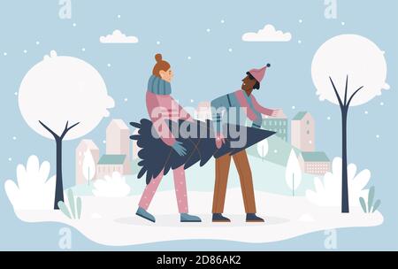 Persone che tengono albero di Natale vettore illustrazione. Cartoon coppia uomo donna personaggi che portano albero di Natale dal mercato stagionale festival, per celebrare vacanze di Natale inverno a casa sfondo Illustrazione Vettoriale