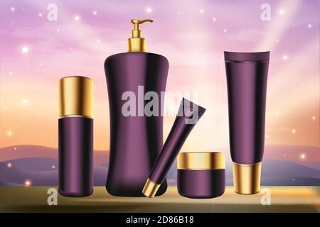 Illustrazione vettoriale della serie di cosmetici viola per la cura della pelle. Bottiglie e confezioni di lusso viola realistiche con etichette dorate su sfondo tramonto, poster pubblicitario per la cura del corpo o della pelle del viso cosmetologia Illustrazione Vettoriale