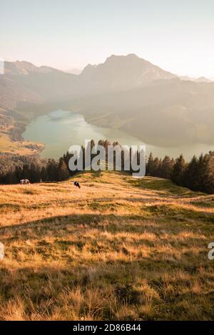 Waegitalersee, Lago in Svizzera, Tramonto in paesaggi Foto Stock
