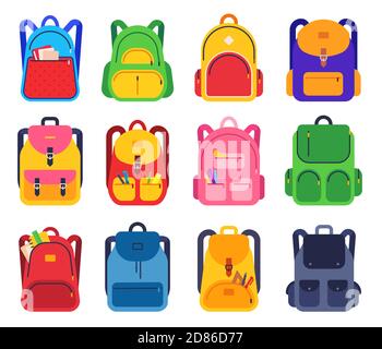 Zaino da scuola. Borse colorate con zip e tasche con articoli di cancelleria per gli studenti, zaini per viaggiare, set vettoriale piatto per lo studio Illustrazione Vettoriale