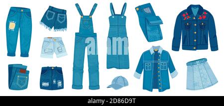 Jeans vestiti. Jeans strappato moda casual. Giacca, pantaloni e pantaloncini, gonne e abbigliamento alla moda jean Cartoon. Modelli di outfit blu, set vettoriale Illustrazione Vettoriale