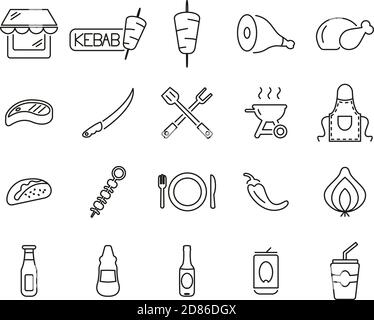 Kebab o Kebab Shop icone nero e bianco sottile linea Imposta grande Illustrazione Vettoriale