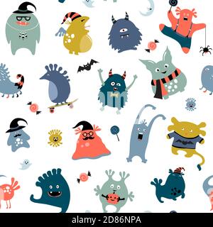 Modello senza giunture di Halloween vettoriale con simboli di Halloween, mostri e calligrafia Illustrazione Vettoriale