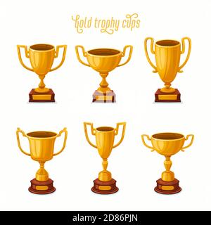 Coppe trofei d'oro. Set di coppe d'oro in diverse forme - trofei vincitori del 1° posto. Illustrazione Vettoriale