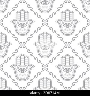 HAMSA Hand Seamless Vector pattern, Khamsa o Hand of Fatima Grey Repetitive design, simbolo di protezione dallo sfondo del diavolo Illustrazione Vettoriale