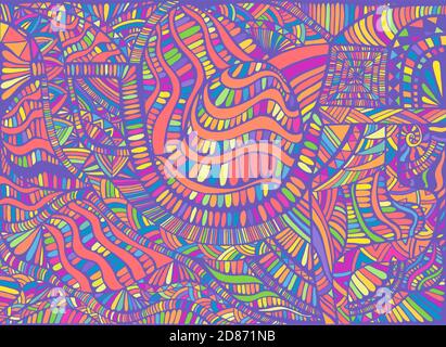 Luminoso modello di design astratto psichedelico con molti ornamenti colorati. Illustrazione Vettoriale