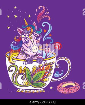 Carino kawaii unicorn in una tazza. Illustrazione antistress per adulti con animale a groviglio isolato su sfondo viola. Illustrazione vettoriale colorata di Illustrazione Vettoriale