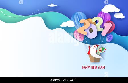 2021 scheda di design di Capodanno con Babbo Natale ed elfo volo palloncini su sfondo blu cielo. Illustrazione grafica su carta vettoriale. Taglio di carta e stile artigianale. Illustrazione Vettoriale