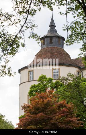 Torre con gli alberi del castello di Langenburg in Germania Foto Stock