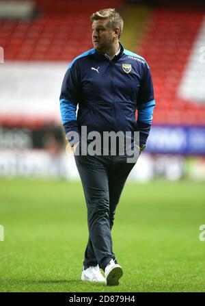 Il manager di Oxford United Karl Robinson reagisce dopo il fischio finale durante la partita Sky Bet League One alla Valley, Londra. Foto Stock