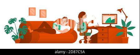 Le coppie sposate si riposano a casa. Un uomo giace su un divano e legge un libro. Girl crea grafica sul computer. Hobby preferito. Cartoni animati vettoriali Illustrazione Vettoriale