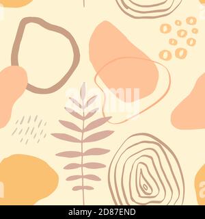 Illustrazione vettoriale moderna con foglie cadenti, spruzzi, texture grunge, pennellate ruvide, doodles. Disegno astratto creativo ripetizione senza giunture con Illustrazione Vettoriale