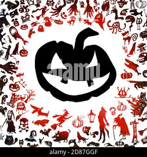 Una cornice rossa di oggetti per Halloween. Mostri oggetti. Zucca. Illustrazione vettoriale Illustrazione Vettoriale