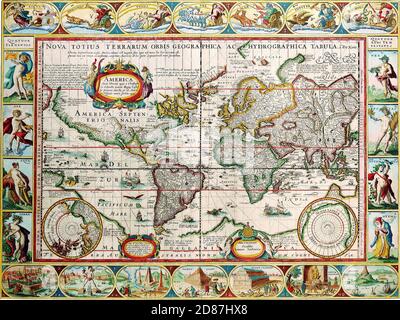 Mappa illustrata del mondo antico, stile vintage pieno di dettagli. Nova Totius Terrarum Orbis geographica. Foto Stock
