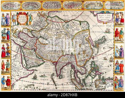 Suggestiva mappa dell'Asia dall'età dell'oro olandese della cartografia. Mappa dell’Asia di Henricus Hondius. 1630. Asia recens summa cura deline Foto Stock