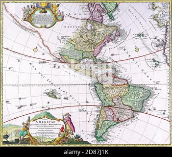 Vecchia mappa 'America by Homann' TOTIUS AMERICAE SEPTENTRIONALIS ET MERIDIONALIS NOVISSIMA REPRAESENTATIO. Johann Baptist Homann (*1664 - †1724) Foto Stock