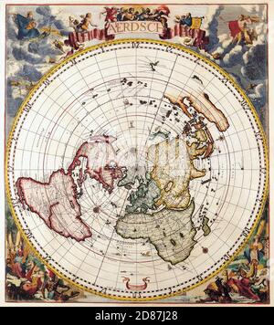 Mappa illustrata del mondo antico, stile vintage pieno di dettagli Foto Stock