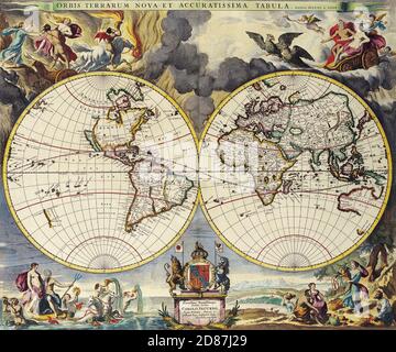Mappa illustrata del mondo antico, stile vintage pieno di dettagli Foto Stock