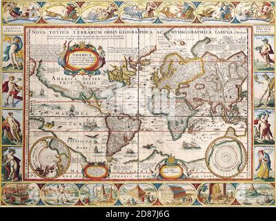 Mappa illustrata del mondo antico, stile vintage pieno di dettagli Foto Stock