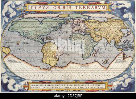 Tipo Orbis Terrarum (XVI secolo). Mappa illustrata del mondo antico, stile vintage pieno di dettagli. Foto Stock