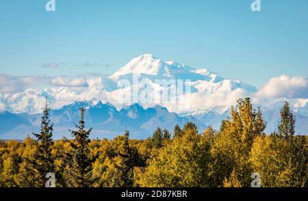 Vista panoramica della vetta di Denali in estate in Alaska da lontano Foto Stock