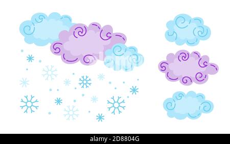 Nuvole neve e nuvoloso, fiocchi di neve. Cartoni animati raccolta meteo. Simpatici simboli disegnati a mano delle previsioni meteo. Segni di infografia meteorologica. Illustrazione vettoriale Illustrazione Vettoriale