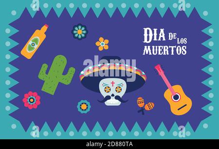 dia de los muertos poster con celebrazione set icone vettore disegno dell'illustrazione Illustrazione Vettoriale