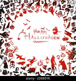 Una cornice rossa di oggetti per Halloween. Mostri oggetti. Illustrazione vettoriale Illustrazione Vettoriale