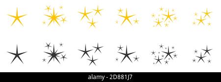 Le silhouette piatte nere gialle scintillano il set di icone dei simboli. Decorazione stellata scintillio brillante flash. Glitter brillante forma diversa, fuoco scoppiato effetto luminoso luce isolato su illustrazione vettoriale bianco Illustrazione Vettoriale