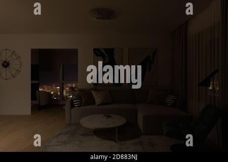 illustrazione 3d di un moderno soggiorno con illuminazione notturna. Design degli interni in stile minimalista scandinavo. Appartamento con finestre panoramiche Foto Stock
