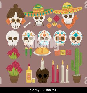 dia de los muertos poster con teste teschi e icone disegno di illustrazione vettoriale Illustrazione Vettoriale