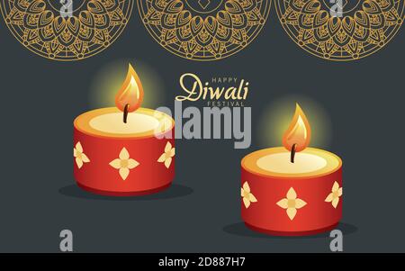 felice celebrazione diwali con due candele rosse disegno vettoriale illustrazione Illustrazione Vettoriale