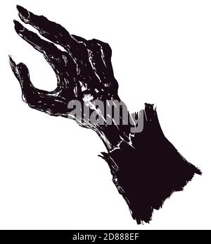 Braccio zombie marcio con silhouette a manica disegnata a mano, isolato su sfondo bianco. Illustrazione Vettoriale