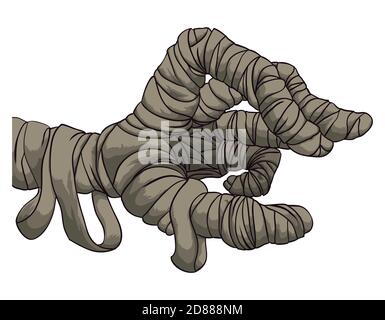 Mano mummia coperta di antichi bendaggi in stile cartoon, isolato su sfondo bianco. Illustrazione Vettoriale