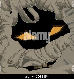 Mummia viso maledetto con gesto spooky e coperto di bendaggi. Illustrazione Vettoriale