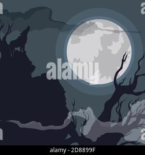 Notte Spooky in una foresta con nebbia e lupo che urlano alla Luna piena. Illustrazione Vettoriale